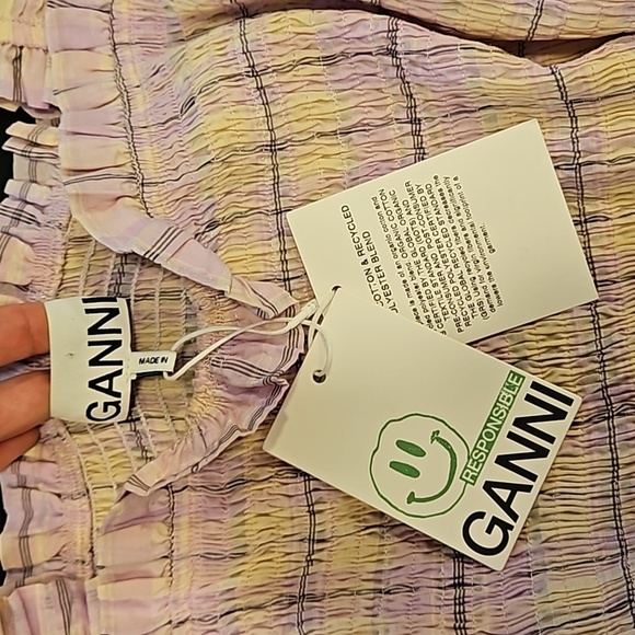 💕GANNI💕 Smocked Seersucker Plaid Top ~ Orchid Bloom Checked Print 44 EU NWT - Picture 15 of 16